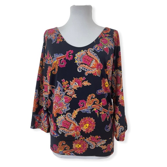 Jones New York Tops - Jones New York Women's XL Blouse Paisley Blue Pink Tie Waist Stretchy 3/4 Sleeve